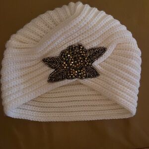 White Knit Turban with Gold Embellishment